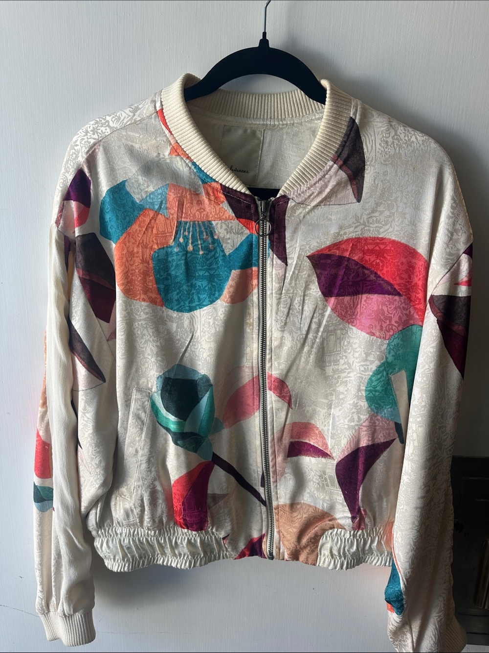 elevenses Ivory Bomber Jacket with Teal, Coral & Plum Floral Accents